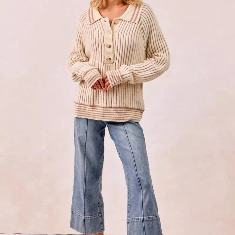 BiBi Half Button Ribbed Two Tone Sweater - Picture 15 of 16